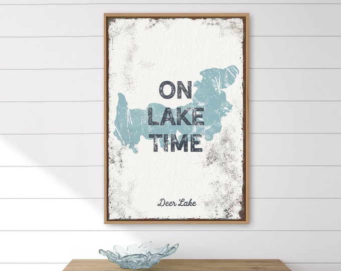 personalized LAKE HOUSE decor > vintage "living on lake time" sign, distressed artwork for lakehouse decor (customized for Deer Lake) {lsw}