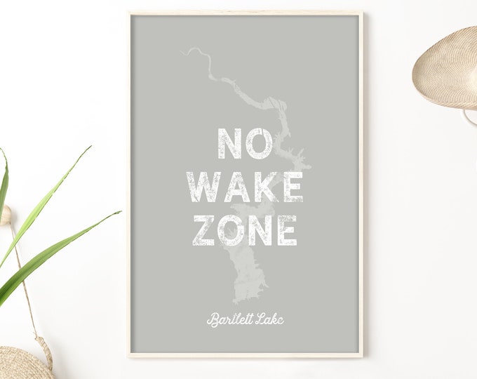 light gray "no wake zone" sign > neutral lake house decor canvas, personalized lake BARTLETT poster, custom lakehouse gift idea