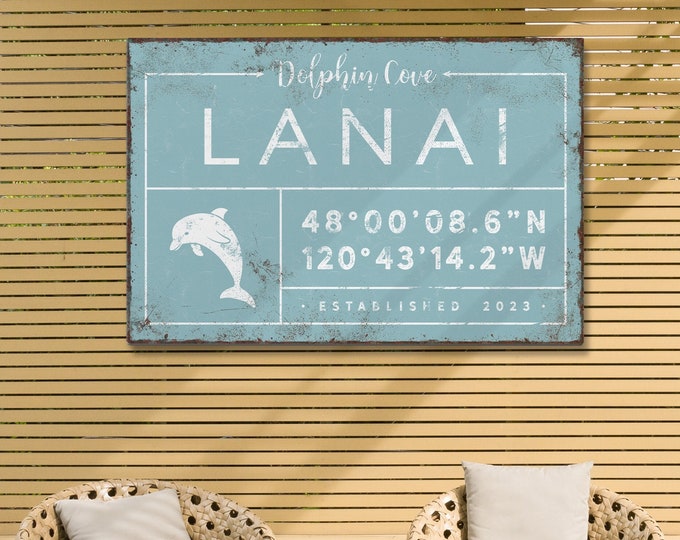 personalized LANAI sign, personalized last name canvas, lanai signs for outdoor, custom coordinates, dolphin wall decor, tide blue art {gdb}