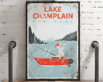 vintage fishing sign > Lake Champlain, personalized fishing boat art for lake house decor, coastal canvas print, nautical gift for him {vpl}
