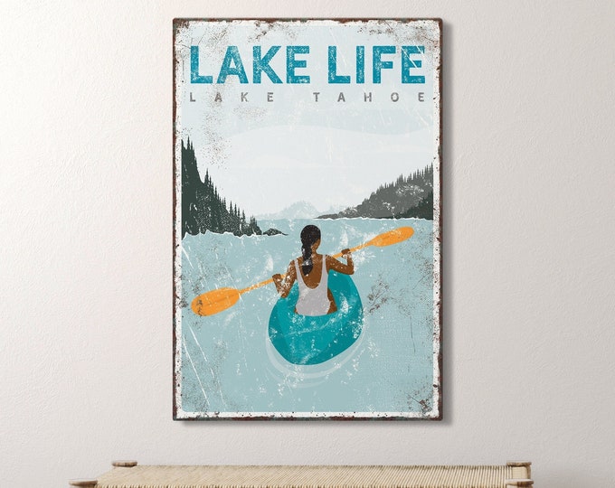 vintage LAKE LIFE sign > teal kayak poster for vintage lake house decor, custom kayaking gift for her, personalized Lake Tahoe art {vpl}