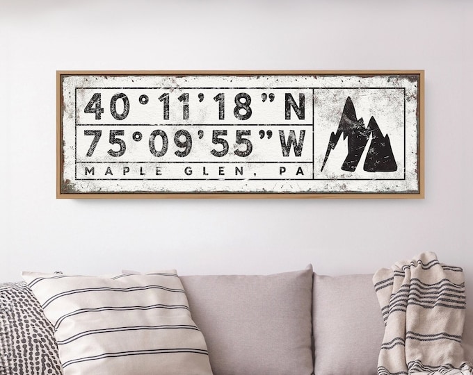 rustic COORDINATES sign with mountain > outdoorsy print with latitude & longitude, personalized GPS location wall art for cabin decor {sgw}