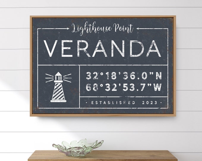 custom COORDINATES SIGN, lighthouse point veranda sign with lighthouse icon, coastal home decor, personalized last name canvas print {gdo}