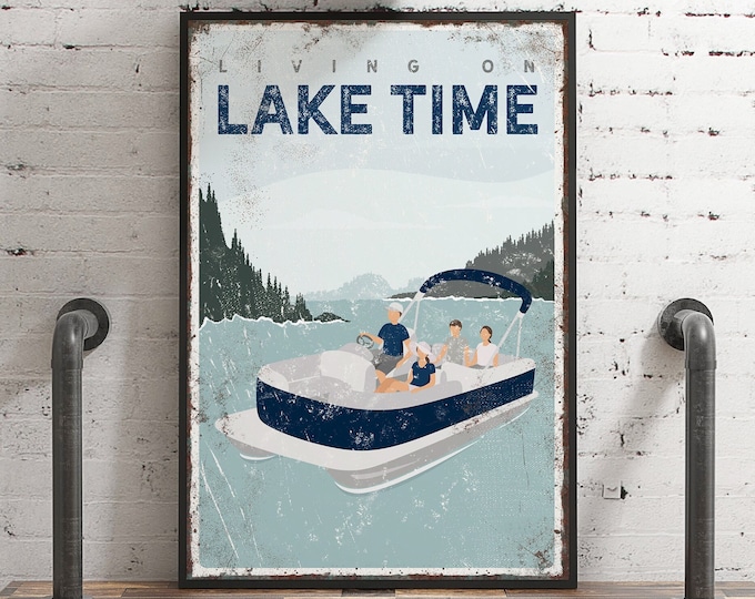 navy blue LIVING on LAKE TIME canvas • Family of 4 • personalized pontoon boat art for lake house decor • vintage farmhouse decor  {vpl}