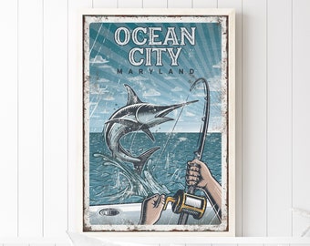 Vintage Ocean City sign > Maryland marlin fishing art print, vintage nautical blue sign for beach house decor, navy and white {vpf}