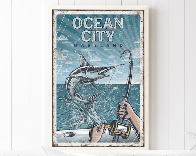 Vintage Ocean City sign > Maryland marlin fishing art print, vintage nautical blue sign for beach house decor, navy and white {vpf}