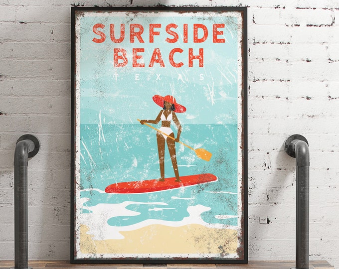vintage paddleboard art for beach house decor > personalized paddle-boarding canvas for nautical beachhouse decor, Surfside Beach sign {vpb}