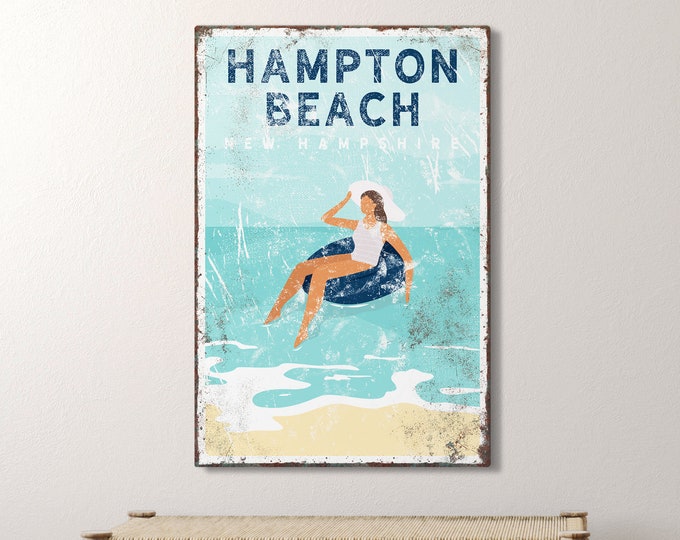 nautical beach house decor > vintage wall art sign for personalized beachhouse decor, Hampton Beach canvas, New Hampshire art print {vpb}
