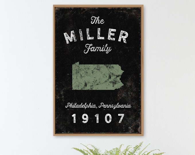 custom LAST NAME print > modern farmhouse sign, personalized family name canvas with custom state art and zip (Philadelphia, Pennsylvania)