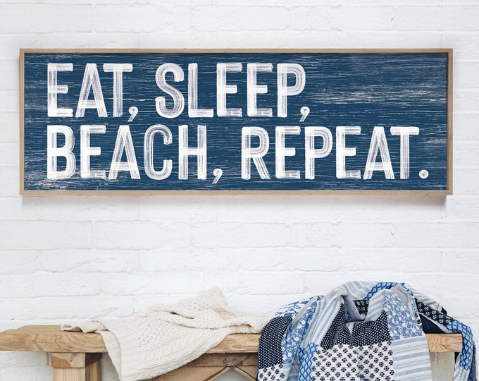 Nautical BEACH HOUSE decor > Eat, Sleep, Beach, Repeat sign, Navy Blue wall art, coastal wall art gift, Faux weathered wood canvas {pwo}