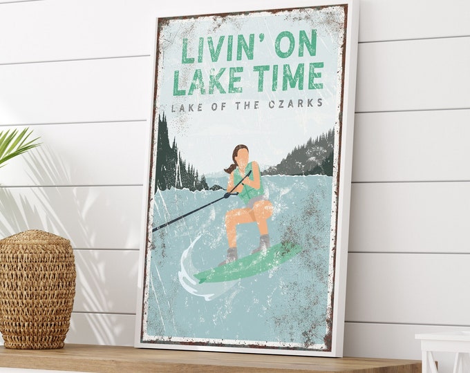 mint green LIVIN' On LAKE TIME sign > wake boarding gift for her, personalized wakeboard poster for Lake of the Ozarks {vpl}