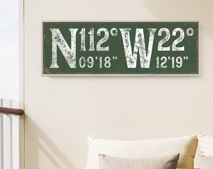 Dark Green Vintage Typography Wall Art Print, Custom GPS Coordinates Sign for Porch or Lanai, Large Canvas for Modern Farmhouse {gsb}