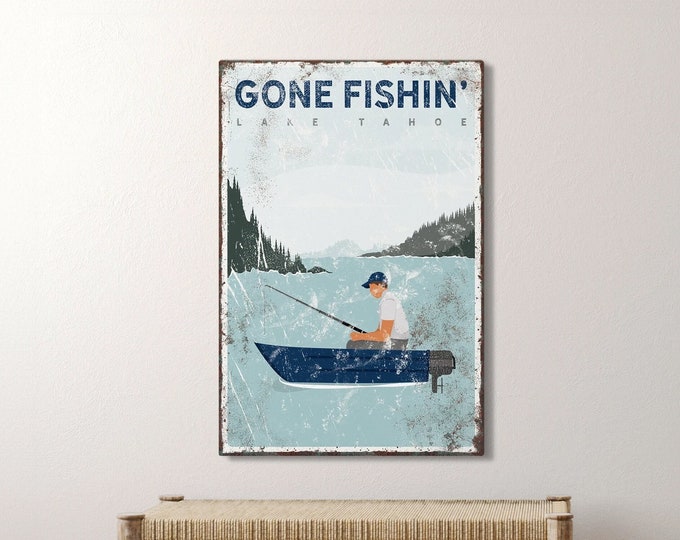 nautical gone fishin' sign > navy blue boat art for Lake Tahoe lake house decor, coastal canvas print, nautical fishing gift for him {vpl}