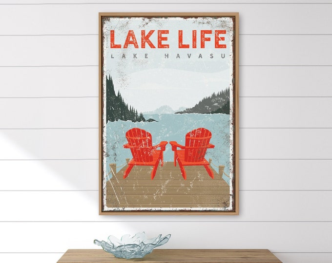vintage ADIRONDACK CHAIRS SIGN, personalized Lake Life poster, lake dock with chairs sign, Lake Havasu Arizona, modern farmhouse decor vpl
