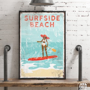 vintage paddleboard art for beach house decor > personalized paddle-boarding canvas for nautical beachhouse decor, Surfside Beach sign {vpb}