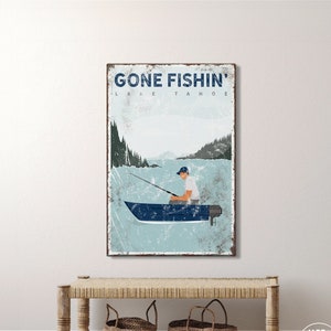 nautical gone fishin' sign > navy blue boat art for Lake Tahoe lake house decor, coastal canvas print, nautical fishing gift for him {vpl}