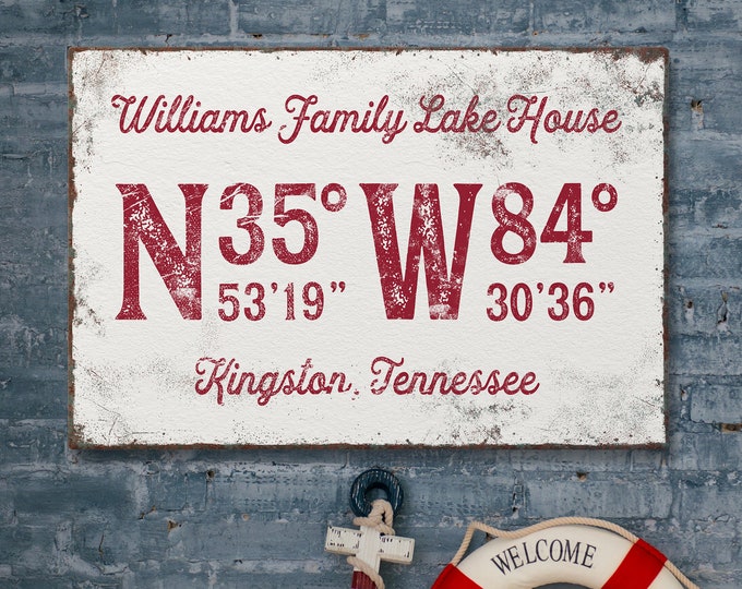 rustic red COORDINATES sign > personalized GPS canvas print, distressed wall art for lake house decor, custom last name print {gpw}