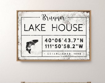 trout fishing sign for LAKE HOUSE > personalized lakehouse decor, vintage fishing poster, nautical wall art, canvas family name sign {gdw}