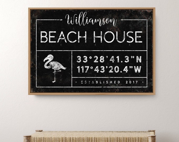 personalized BEACH HOUSE sign > rustic last name canvas for beachhouse decor, flamingo art print, farmhouse wall art with coordinates {gdb}