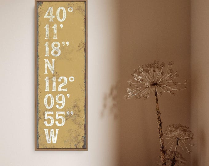 White lettering coordinates sign in mustard yellow, custom GPS wall art