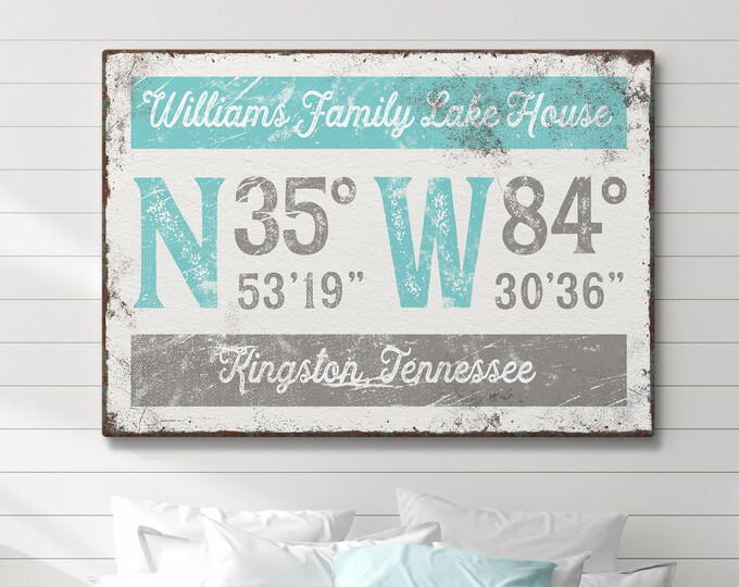 lake house COORDINATES print > aqua blue and gray family name sign, custom longitude latitude GPS canvas art, farmhouse decor {grw}