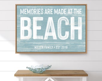 personalized BEACH HOUSE decor > light blue "memories are made at the BEACH" sign with family name, vintage faux weathered wood canvas {pwo}
