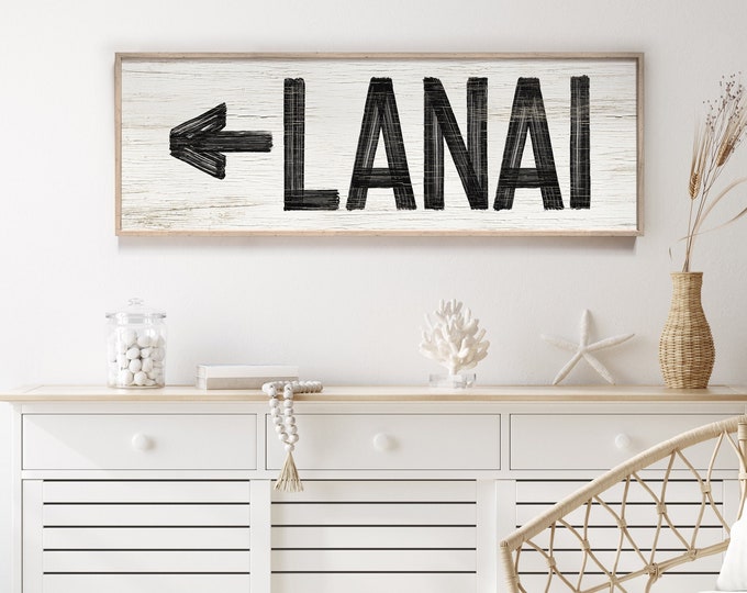 Large LANAI sign with arrow > vintage lanai directional art, white and black lanai sign, horizontal lanai sign {pwo} Active