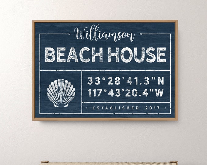 nautical BEACHHOUSE canvas > custom last name sign with shell for beach house decor, large framed coordinates sign, seashell wall art {gdo}