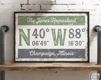 canvas latitude longitude sign > vintage farmhouse decor, green and gray wall art print, personalized GPS canvas, modern farmhouse art {grw}