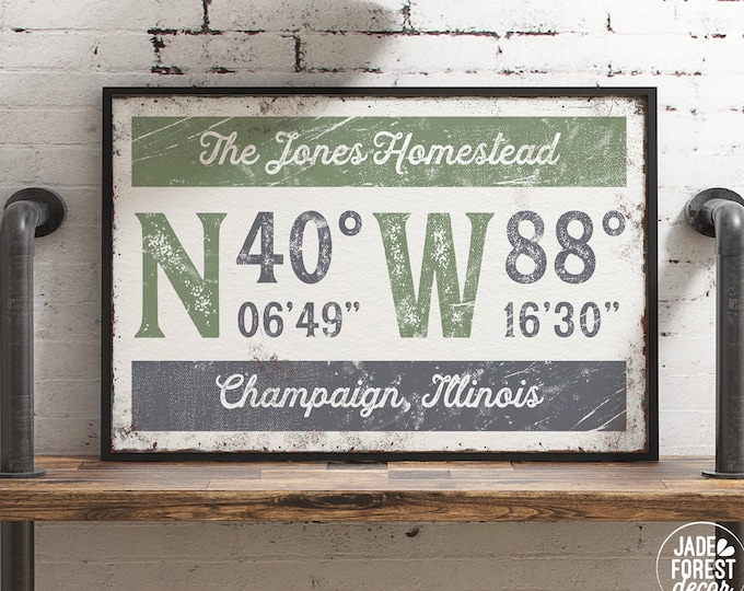 canvas latitude longitude sign > vintage farmhouse decor, green and gray wall art print, personalized GPS canvas, modern farmhouse art {grw}