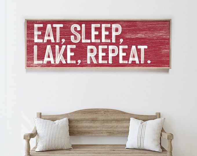 modern lake sign > Eat, Sleep, Lake, Repeat canvas print, LAKE HOUSE decor, red and white wall art, lakehouse wall art gift {pwo}