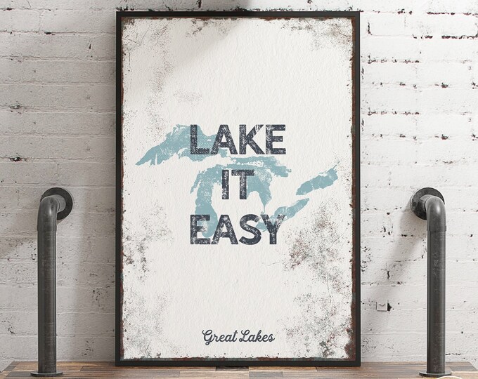personalized lake house sign > vintage tide blue wall art for lakehouse decor, custom "lake it easy" poster with the Great Lakes {lsw}