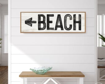 large BEACH sign with arrow to beach, black and white beach house decor, coastal farmhouse sign, faux weathered wood canvas {pww}