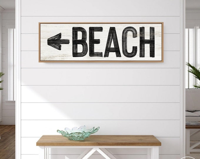 large BEACH sign with arrow to beach, black and white beach house decor, coastal farmhouse sign, faux weathered wood canvas {pww}
