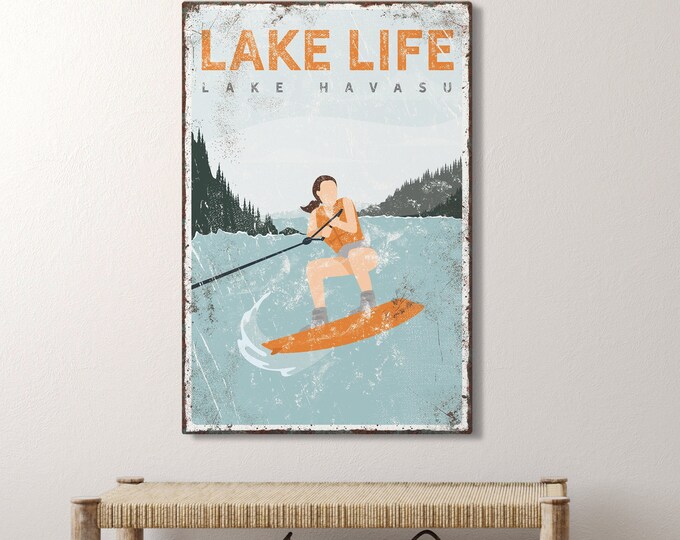 vintage LAKE LIFE sign > personalized wake boarding poster for vintage ORANGE lakehouse decor, wakeboard gift for him, Lake Havasu art {vpl}