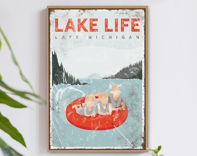 LAKE LIFE sign with red accent, personalized family tubing poster, vintage lake house decor, water tubing on lake michigan poster {vpl}
