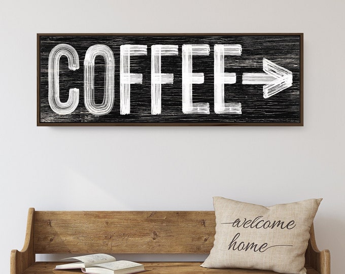 Black COFFEE sign with arrow > modern farmhouse coffee bar decor, vintage black with white lettering on faux weathered wood print {pwb}