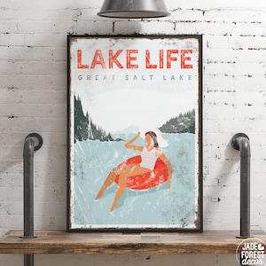 vintage LAKE LIFE sign > personalized lake house decor, custom tubing poster, sunbathing print for farmhouse (Great Salt Lake) {vpl}
