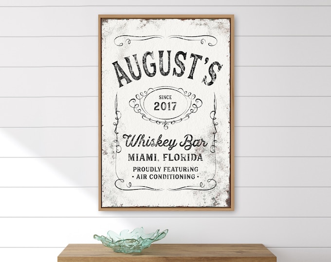 rustic white WHISKEY BAR sign > vintage whiskey label art, custom farmhouse decor, personalized gift idea, large framed canvas art print