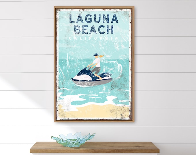 custom jetski artwork > vintage beachhouse decor canvas, ocean jetskiing sign for nautical house, surfboard artwork, Laguna Beach sign {vpb}