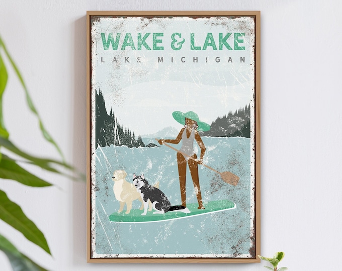 mint WAKE and LAKE sign, custom paddleboarding poster, SUP, vintage lake house decor, white golden retriever and husky, custom dog art {vpl}
