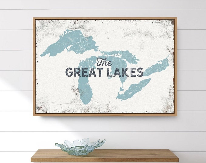 The GREAT LAKES sign > personalized framed canvas print for lakehouse decor, large nautical wall art with custom lake illustration {lsw}