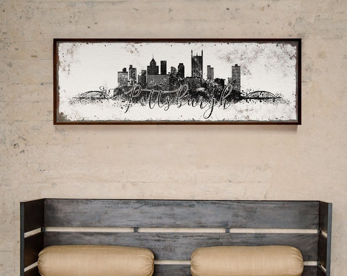 PITTSBURGH SKYLINE poster, black and white wall art, modern farmhouse decor, extra large art print for above bed, custom city skyline canvas