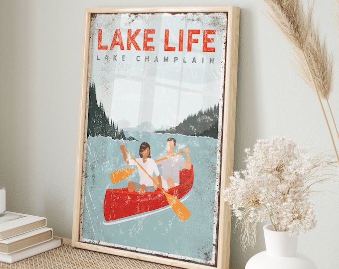 Red personalized CANOE couple • LAKE LIFE • Lake Champlain • canvas • Aluminum •  canoeing • art for lake house decor • vintage poster {vpl}