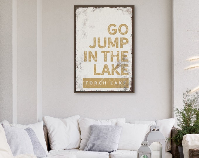 yellow GO JUMP in the LAKE sign > vintage Torch Lake wall art for lakehouse decor, vintage farmhouse, butternut yellow lake sign {brw}