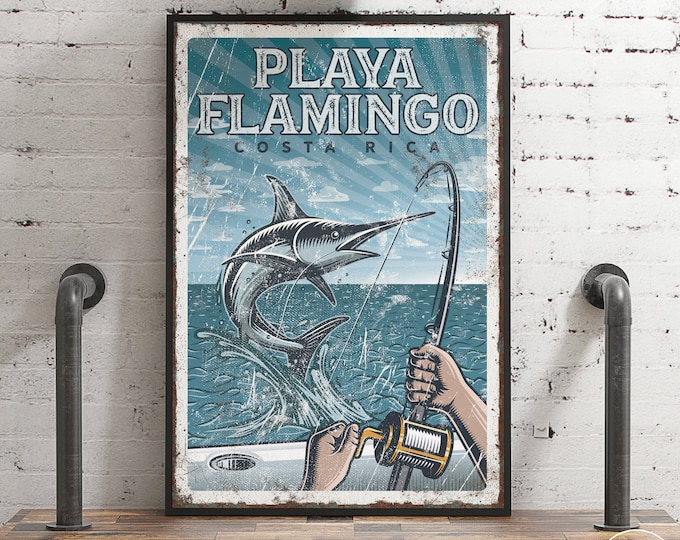 Custom blue fishing poster > personalized marlin fishing art print, Playa Flamingo vintage sign for beach house decor {vpf}