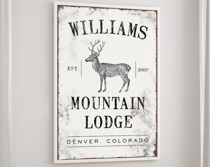 custom MOUNTAIN LODGE canvas sign > personalized lodge decor, retro deer or buck wall art, aged white farmhouse canvas print {vow}