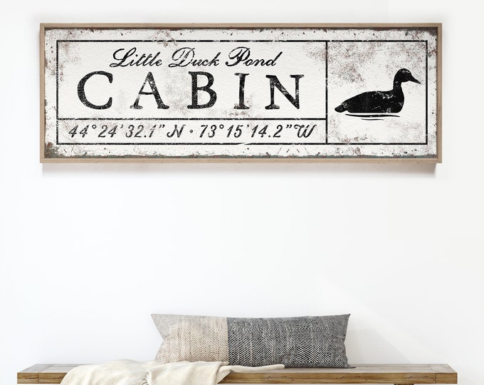 duck CABIN sign with latitude & longitude > faux rusted cabin decor, white farmhouse wall art for above bed, housewarming gift for Dad {sew}