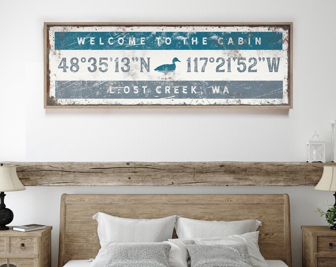 welcome to the cabin COORDINATES sign, vintage art print, country house gift, duck icon, personalized longitude latitude GPS wall art {giw}