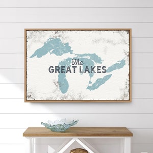 The GREAT LAKES sign > personalized framed canvas print for lakehouse decor, large nautical wall art with custom lake illustration {lsw}